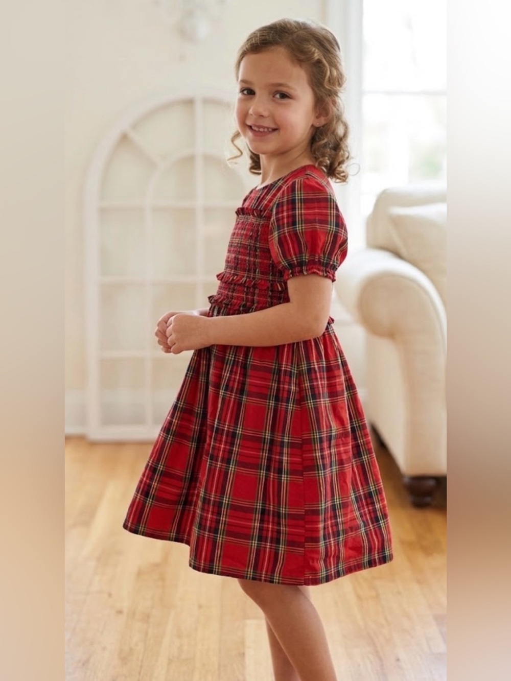 Crewcuts J.Crew Girls Red Tartan Plaid Smocked Holiday Dress Metallic Gold Sz 6